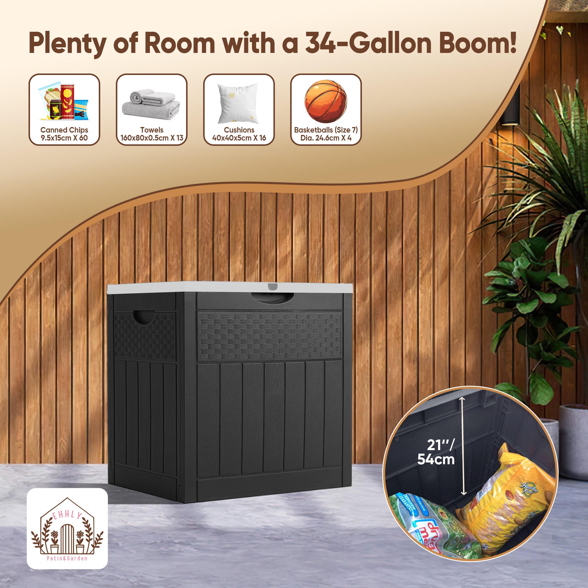 EHHLY 33 Gallon Deck Box, Small Outdoor Storage Box Waterproof, Black and White