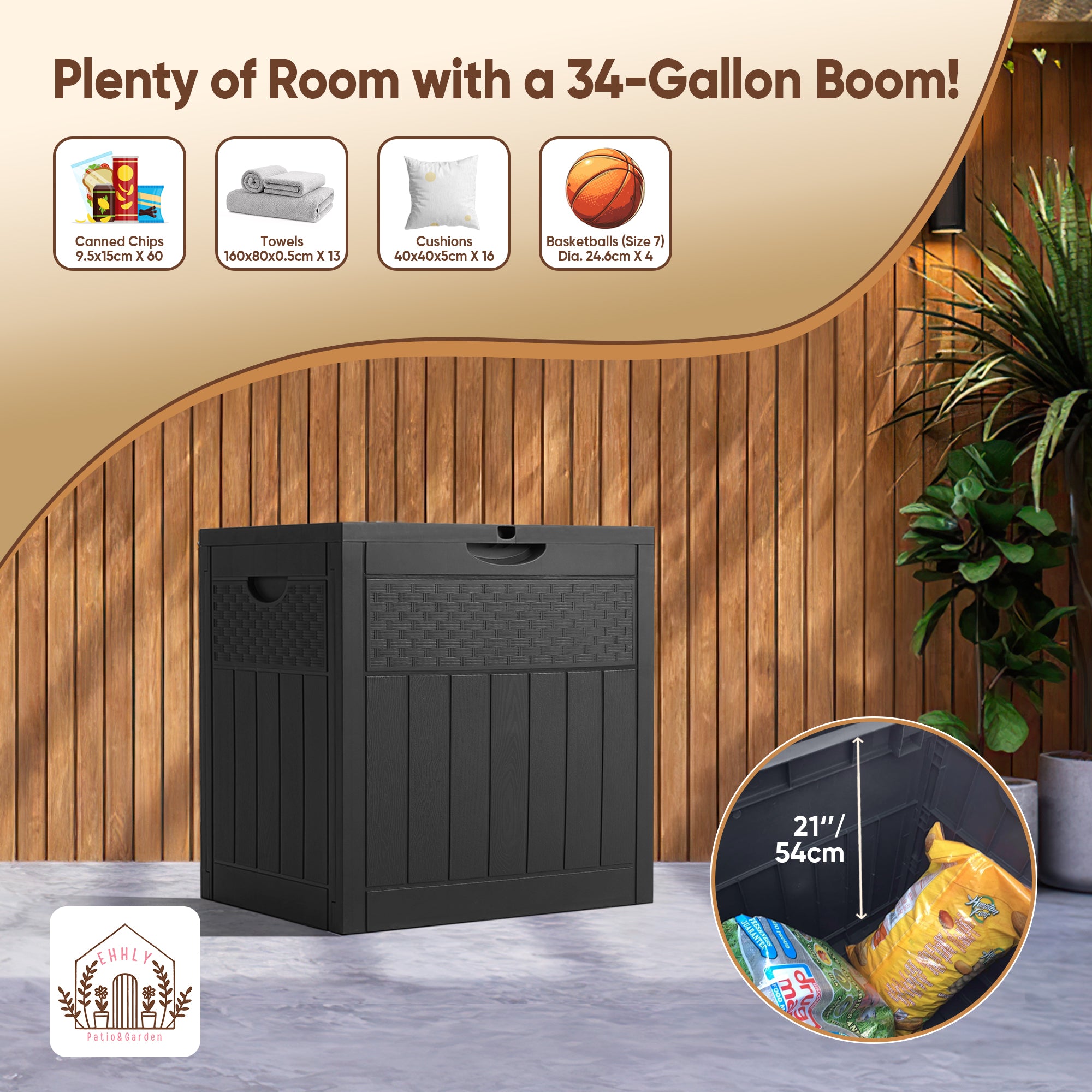 EHHLY 33 Gallon Deck Box, Small Outdoor Storage Box Waterproof, Black