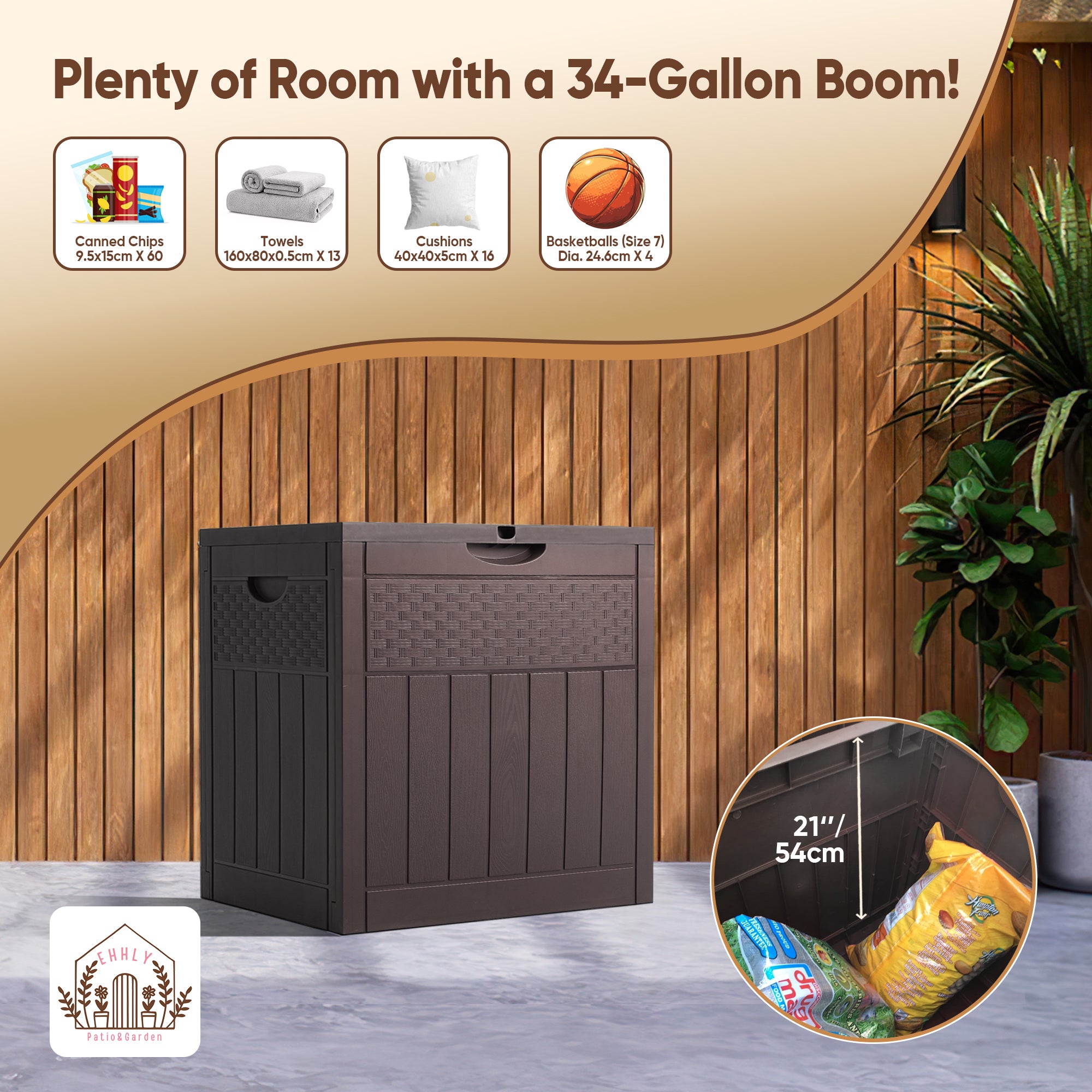 EHHLY 33 Gallon Deck Box, Small Outdoor Storage Box Waterproof, Brown