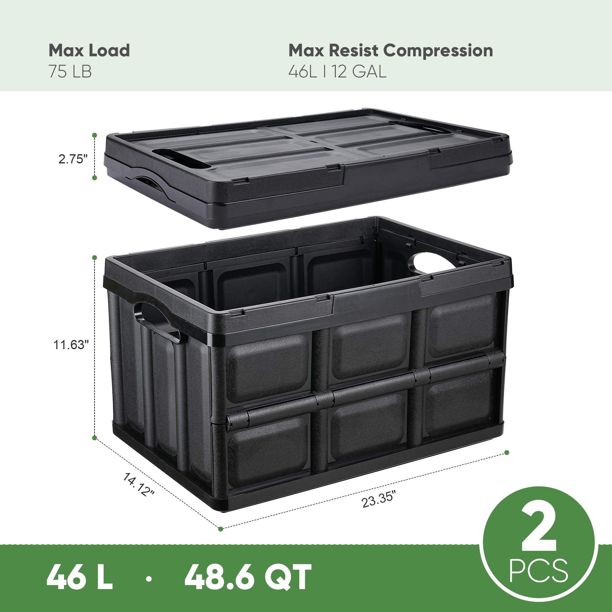 EHHLY 46L Collapsible Storage Bins(No Lid), Foldable Plastic Milk Crates for Storage, 2 Pack, Black