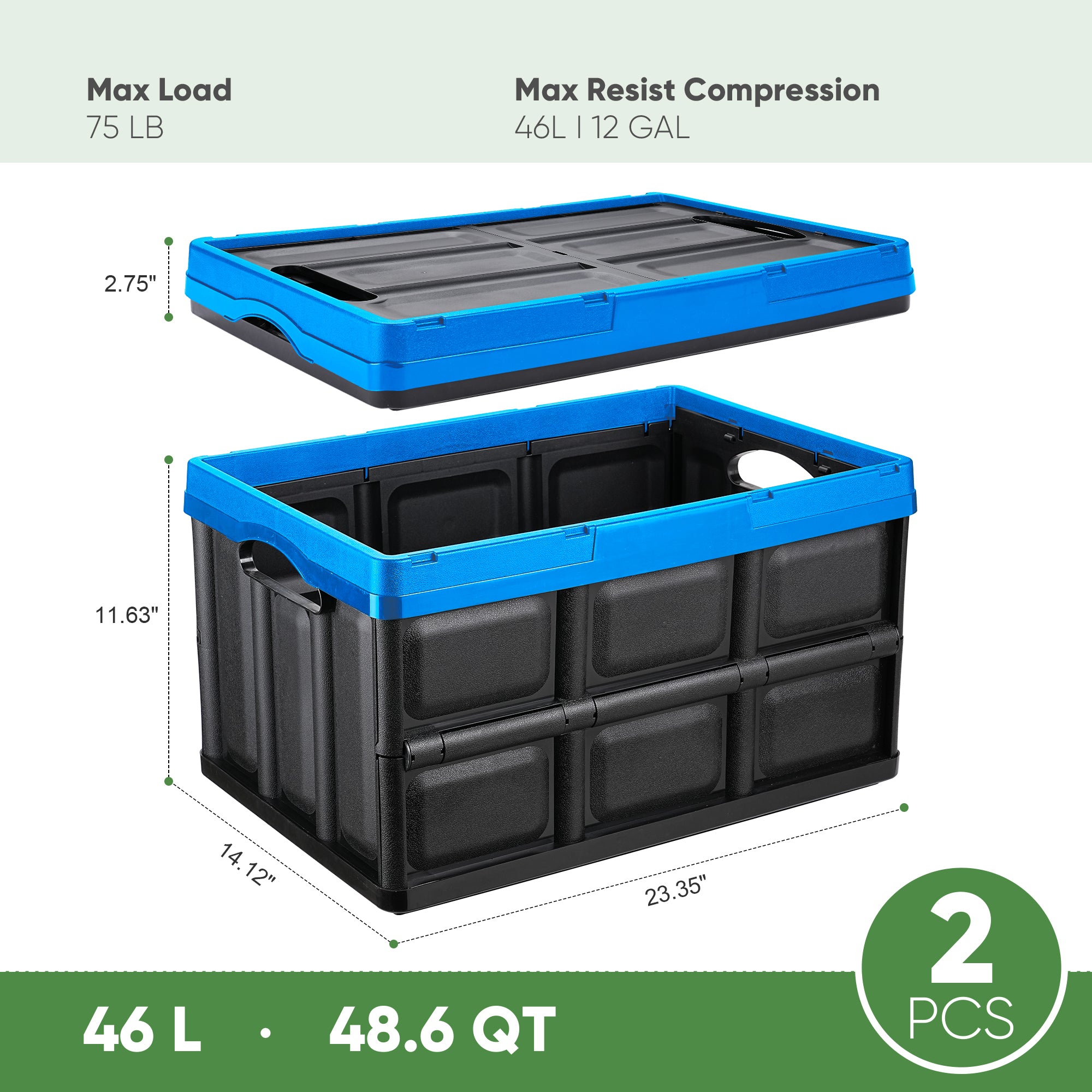 EHHLY 46L Collapsible Storage Bins(No Lid), Foldable Plastic Milk Crates for Storage, 2Pack, Blue