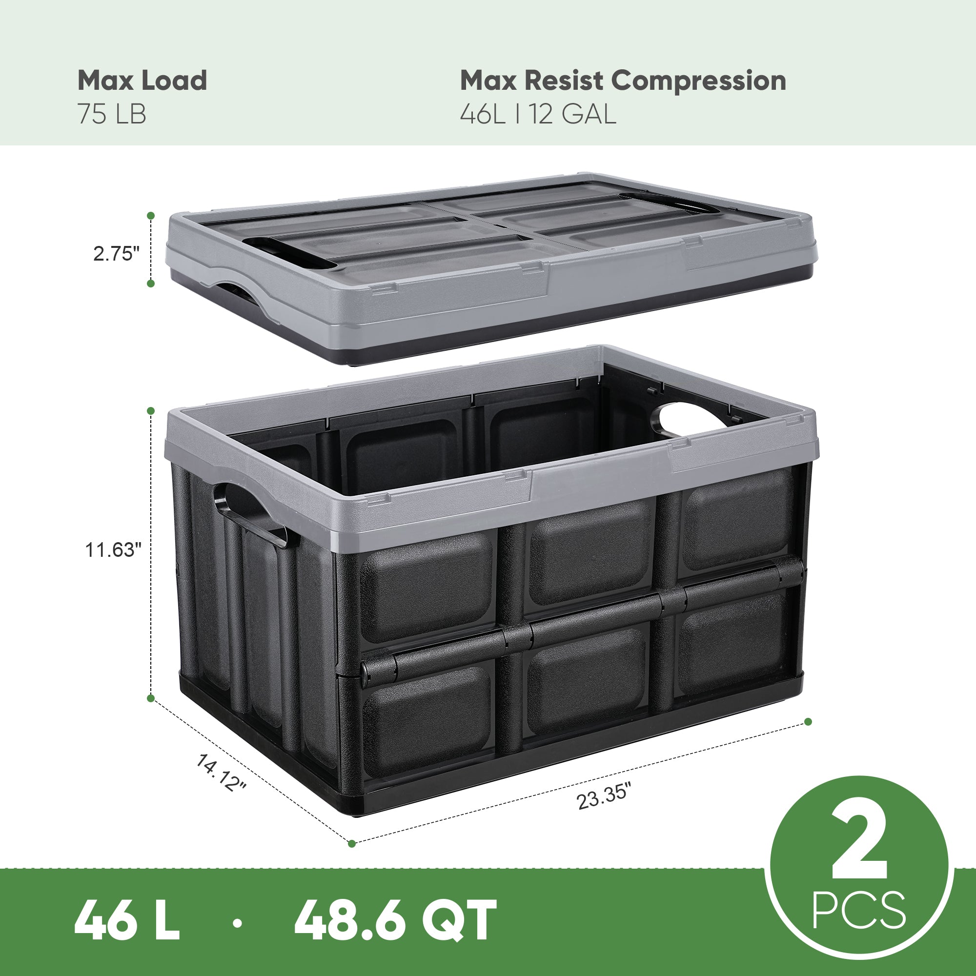 EHHLY 46L Collapsible Storage Bins(No Lid), Foldable Plastic Milk Crates for Storage, 2Pack, Grey