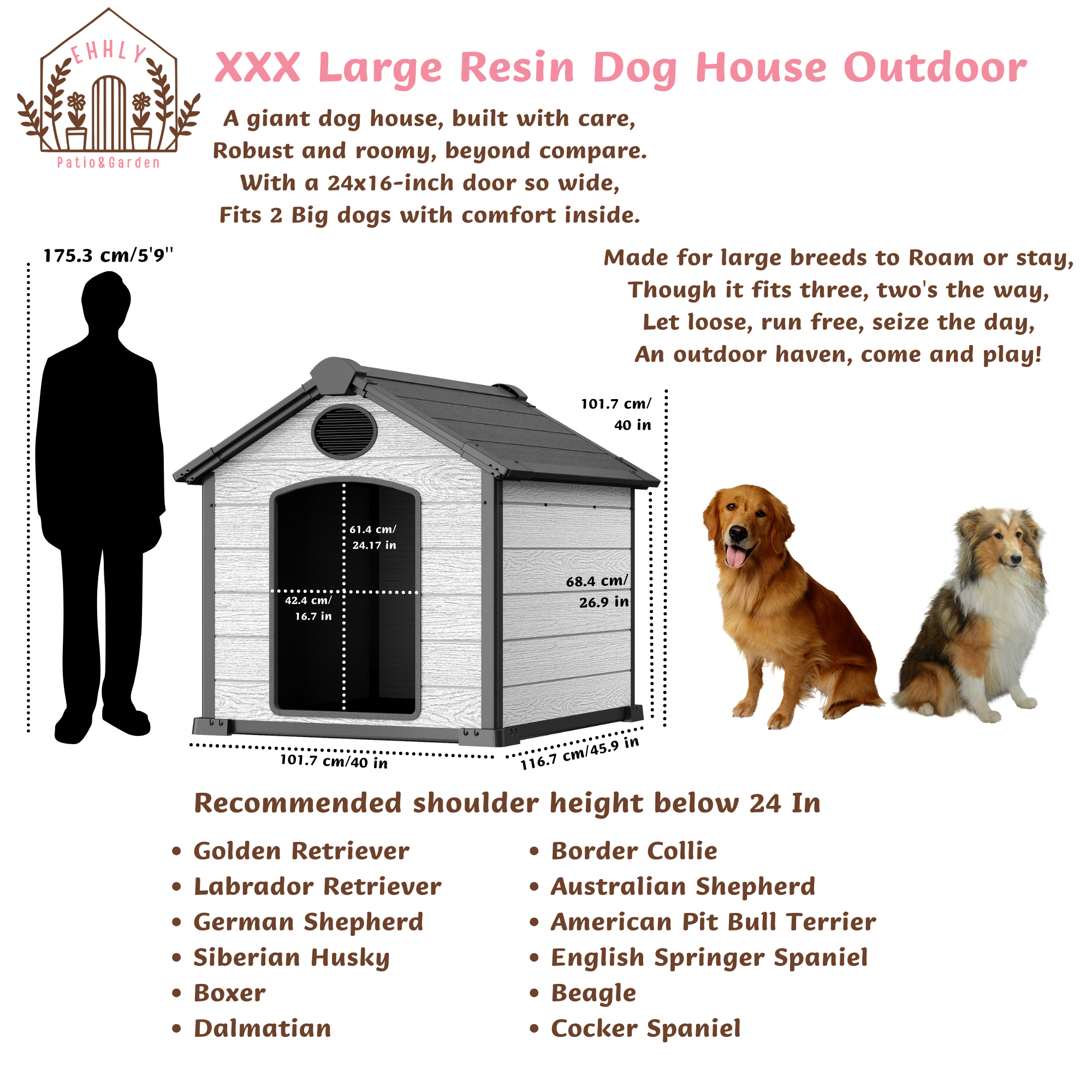 EHHLY 46" Large Dog House Outdoor Weatherproof, 46"Lx40"Wx40"H, Cemented Grey